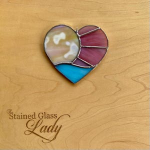 Handcrafted stained glass mini sunset heart suncatcher in aqua, pink, and mottled yellow, coastal home decor, unique gift idea, beachy gift