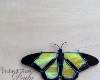 Handcrafted stained glass monarch inspired butterfly suncatcher in yellow, unique garden art, nature home decor, entomology gift idea