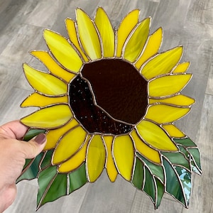 Sunflower stained glass suncatcher in yellow marigold, handcrafted glass art floral home decor, window or wall hanging, unique gift idea