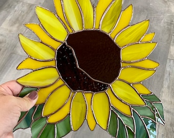 Sunflower stained glass suncatcher in yellow marigold, handcrafted glass art floral home decor, window or wall hanging, unique gift idea