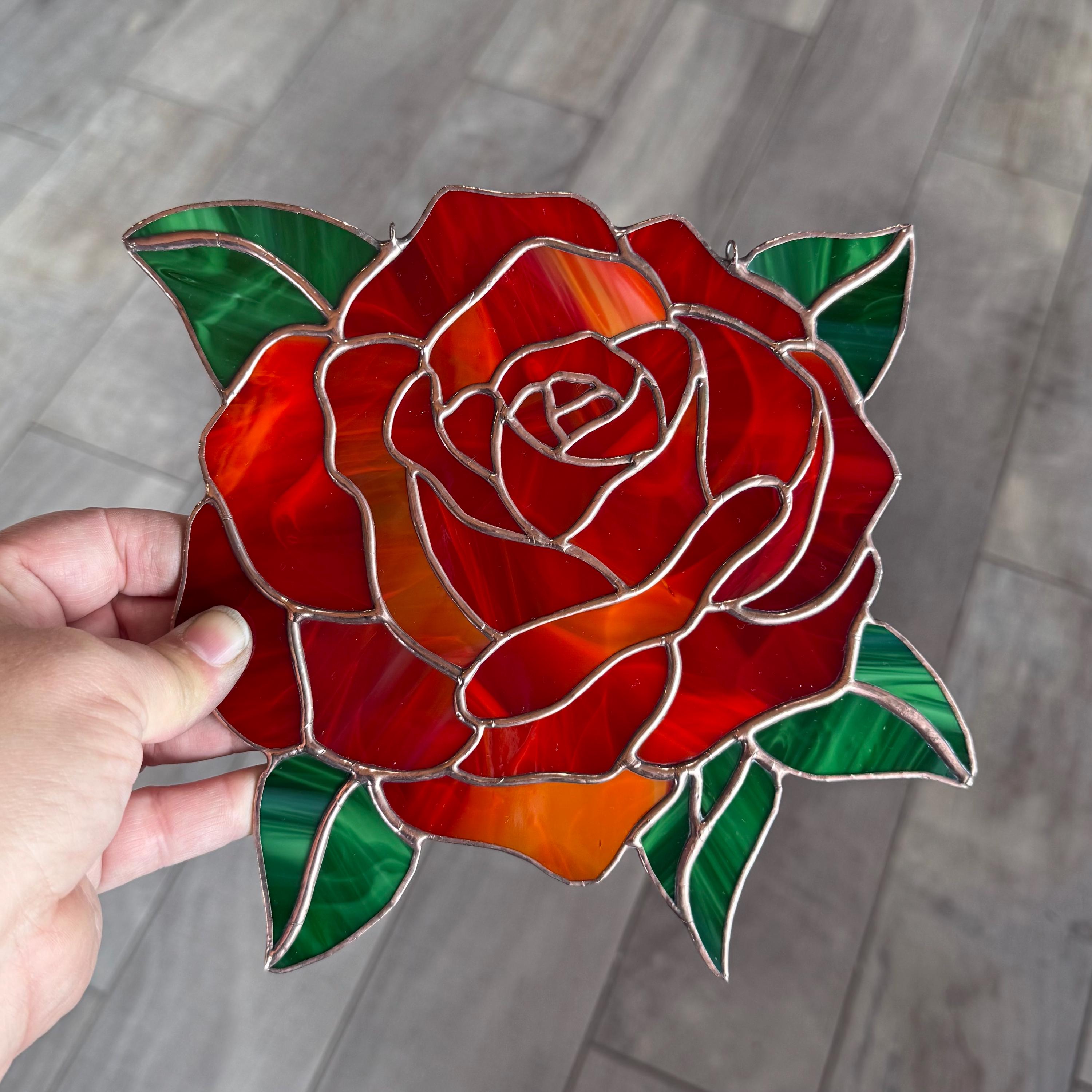 バラ ステンド グラス 花 濃い赤の手作りローズステンドグラスパネル 