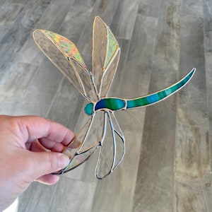 Dragonfly stained glass suncatcher in blue-green streaky, handcrafted art glass window hanging or home decor, unique gift idea