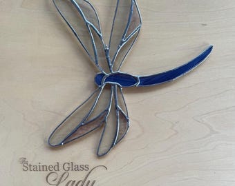 Handcrafted stained glass dragonfly in violet purple, unique window hanging, nature home decor, garden gift idea