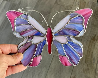 Handcrafted stained glass butterfly suncatcher in purple and pink, whimsical nature gift idea, window or wall hanging, beautiful home decor
