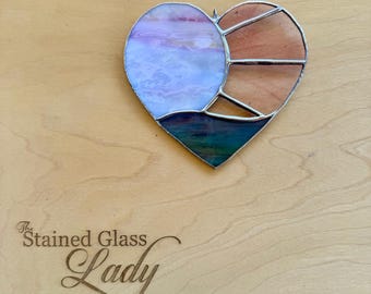 Handcrafted stained glass mini sunset heart in pink, yellow, and aqua multi, unique gift idea, beachy home decor, coastal window hanging