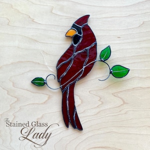 Handcrafted Stained Glass Cardinal Suncatcher in red cathedral, memorial gift idea, nature home decor, unique window or wall hanging