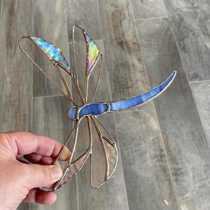Dragonfly stained glass suncatcher in purple-white streaky, handcrafted art glass window hanging or home decor, unique gift idea