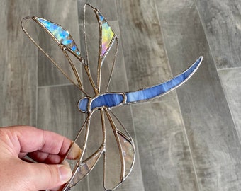 Dragonfly stained glass suncatcher in purple-white streaky, handcrafted art glass window hanging or home decor, unique gift idea