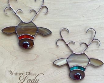 Handcrafted stained glass reindeer Christmas ornament in chestnut wispy, unique gift tag idea, seasonal home decor, Rudolph, stocking stuff