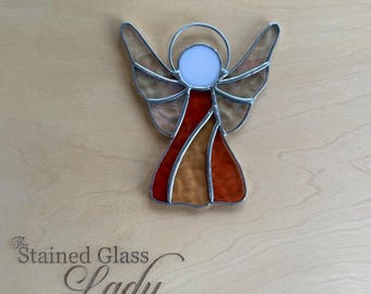 Handcrafted stained glass angel Christmas ornament in dusty rose and champagne, seasonal gift idea, holiday home decor