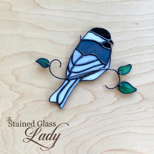 Handcrafted stained glass chickadee suncatcher, birding home decor, unique gift idea, nature window or wall hanging