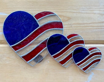 Heart-Handcrafted stained glass american flag heart in cobalt, cherry red, and clear