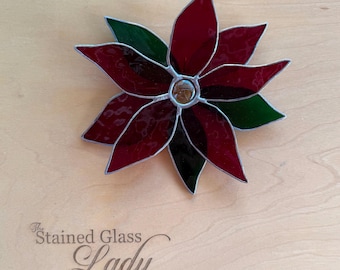 Handcrafted stained lass poinsettia christmas ornament or suncatcher in cathedral red and green, holiday home decor, seasonal gift idea