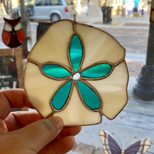 Sand dollar-Handcrafted stained glass sand dollar Suncatcher in Ivory and Teal