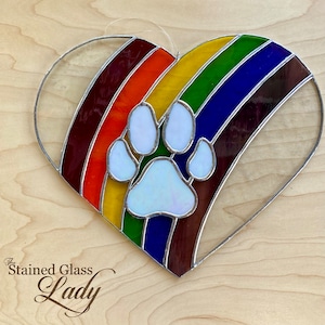 Handcrafted stained glass rainbow bridge heart with paw print suncatcher, unique pet memorial gift idea, home decor, window hanging