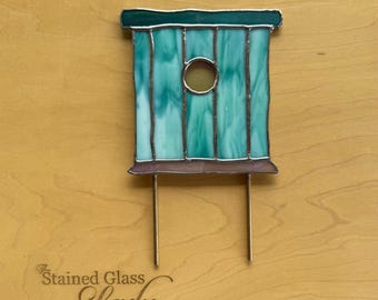 Handcrafted stained glass fairy door in light green and pink, unique garden art, whimsical home decor, magical fairy forest plant stake
