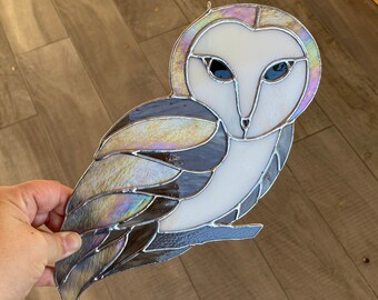 Handcrafted stained glass barn owl suncatcher in white, gray-brown, nature home decor, unique gift idea, bird window hanging, iridescent