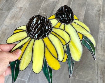 Handcrafted stained glass black eyed Susan flower suncatcher in bright yellow