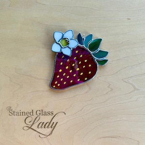 Handcrafted stained glass strawberry suncatcher in iridescent red, unique window or wall hanging, farmer gift idea, garden home decor