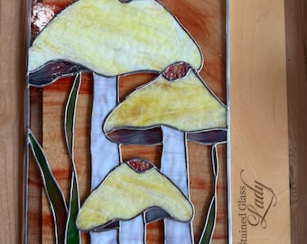 Handcrafted stained glass mushroom panel in yellow and pink, unique fungi home decor, woodland gift idea, toadstool window hanging, nature