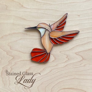 Stained glass hummingbird suncatcher handcrafted in orange and yellow, whimsical gift idea, nature home decor, unique window hanging