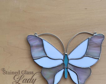 Handcrafted stained glass butterfly in white and green with iridescent, unique window hanging, nature home decor, handmade gift idea