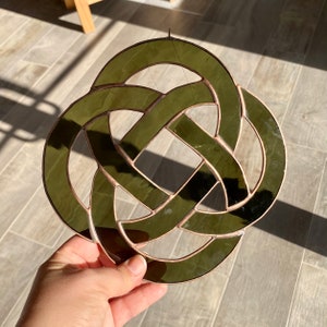 Handcrafted stained glass celtic knot circle in olive green and copper, celtic home decor, unique window hanging, Irish gift idea