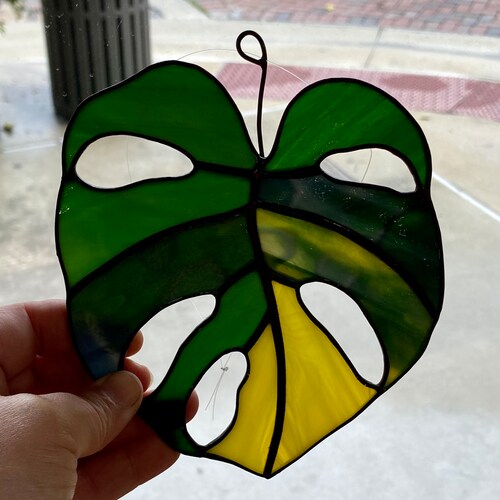 Monstera leaf, handcrafted stained glass monstera leaf Suncatcher in retailer deep greens and yellow, nature home decor