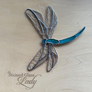 Handcrafted stained glass dragonfly suncatcher in teal/white wispy, whimsical home decor, unique gift idea, nature window hanging