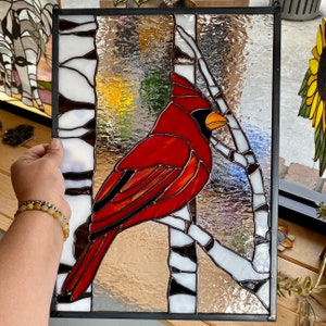 Handcrafted stained glass panel with red cardinal and white birch trees, home decor window hanging, Christmas holiday season gift idea