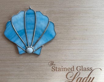 Handcrafted stained glass scallop shell suncatcher in aqua blue, beachy gift idea