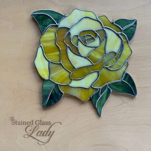 Handcrafted stained glass rose in yellow and white wispy with iridescent accents, floral home decor, Texas state flower, gift idea