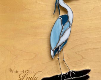 Handcrafted stained glass great blue heron suncathcer, coastal home decor, birding gift idea, unique window hanging