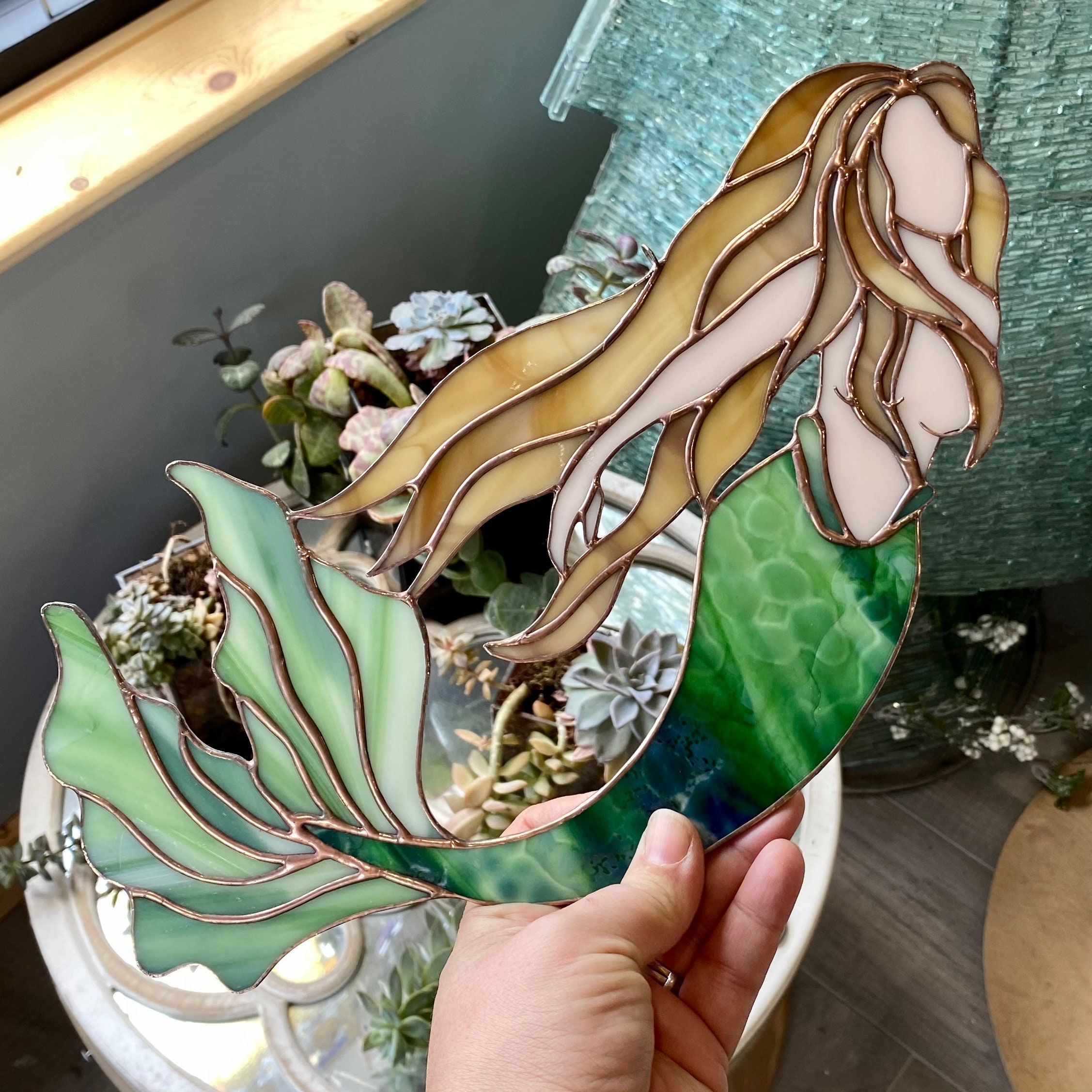 Handcrafted stained glass mermaid suncatcher in green Etsy