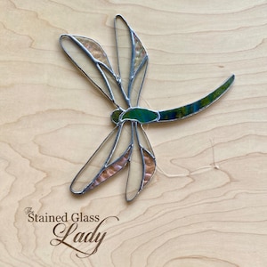 Handcrafted Dragonfly stained glass suncatcher in green iridescent, art glass window hanging, nature home or garden decor, unique gift idea