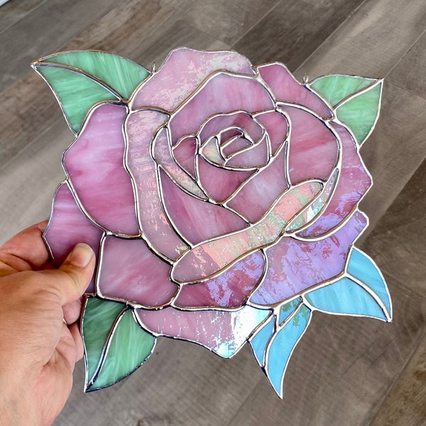 Rose stained glass panel in pink with iridescent accents, handcrafted floral home decor, rose window or wall hanging, unique glass art gift