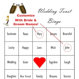 Juego de bingo personalizado para el brindis del día de la boda: discursos de la dama de honor, el padrino y el padre de la novia. Limpio y apto para toda la familia. 10 tarjetas diferentes.