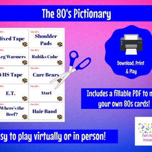 Do druku Pictionary z lat 80., Kalambury, Lata 80., Wieczór panieński, Impreza w stylu lat 80., 40. urodziny, 45. urodziny, Wirtualnie lub osobiście, do wypełnienia