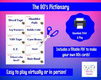 Printable 1980's Pictionary, Charades, The 80's, Girls Night Out, 80s Party, 40th birthday, 50th birthday, Virtually or in person, fillable
