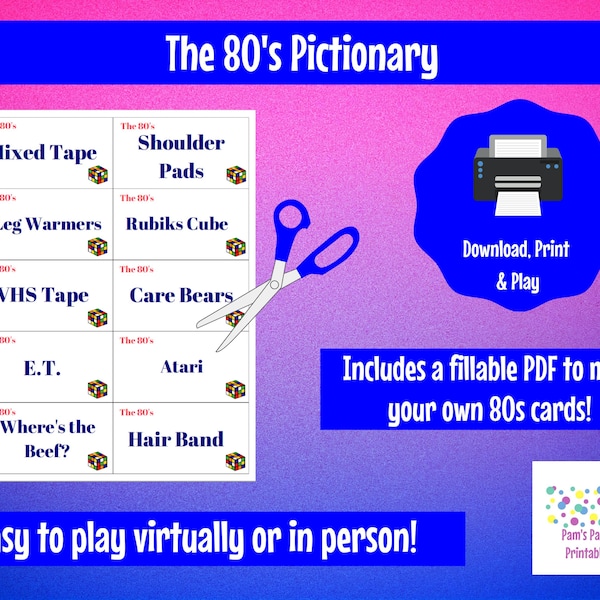 Printable 1980's Pictionary, Charades, The 80's, Girls Night Out, 80s Party, 40th birthday, 50th birthday, Virtually or in person, fillable