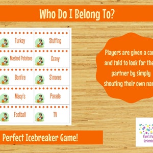 Printable Thanksgiving Game Who do I belong to Loud game, Group Game, Family Friendly, Youth Group, Teen, Classroom, Icebreaker image 2