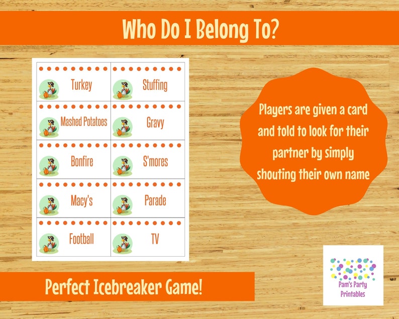 Printable Thanksgiving Game Who do I belong to Loud game, Group Game, Family Friendly, Youth Group, Teen, Classroom, Icebreaker image 2