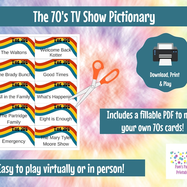 Printable 1970's TV Show Pictionary, Charades, The 70's, 70s Party, 50th birthday, Reunion, Retirement, Virtually or in person