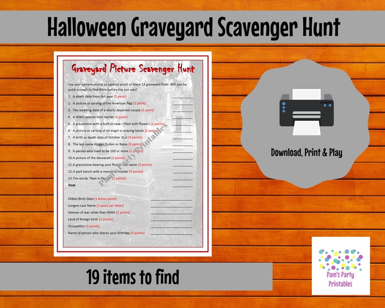 Printable Graveyard Scavenger Hunt  Halloween Scavenger Hunt image 1