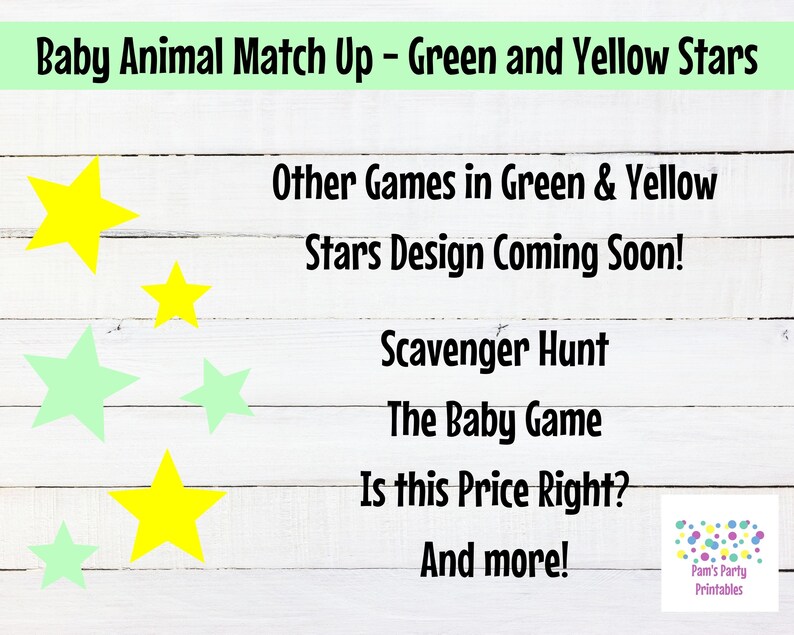 Baby Shower Baby Animal Match Up Printable Neutral Green Stars Baby Shower Game, Couples Shower, Grandma Shower, Gender Reveal image 3