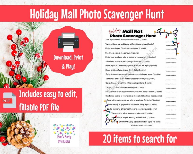 Printable Holiday Mall Scavenger Hunt for Christmas or Black Friday. Editable & fillable PDF. Family Scavenger Hunt. Teen Scavenger Hunt image 1