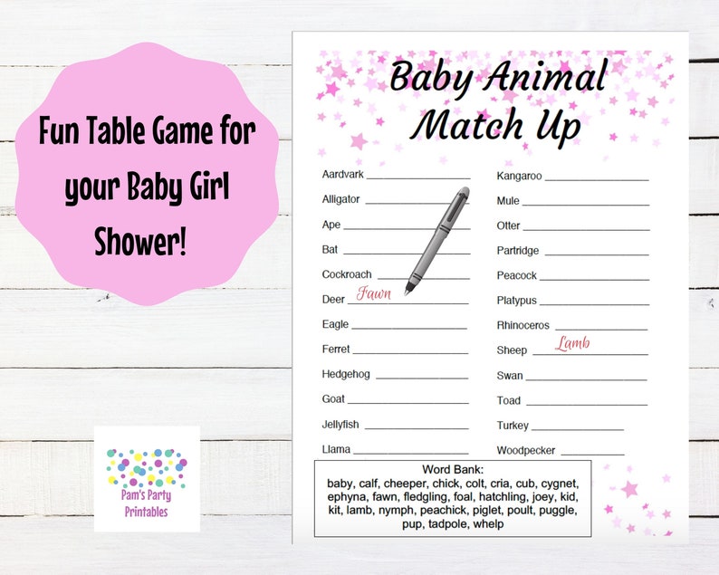 C'est une fille Pink Stars Baby Shower Baby Animal Match Up Printable Baby Shower Game, Couples Shower, Grandma Shower, Gender Reveal image 2