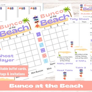 Bunco op het strand Bunco-scorebladen, zomerbunco, strandbunco-thema, juni, juli, augustus Bunco, trending bunco-thema, bewerkbare uitnodiging