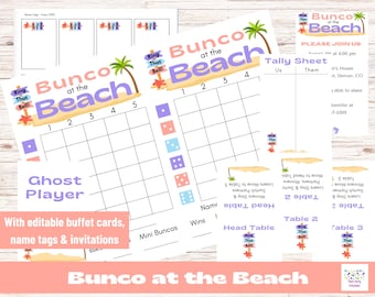 Puede incluir: Un conjunto de imprimibles para el juego de Bunco con temática de playa. Incluye hojas de puntuación, hojas de conteo y plantillas de invitación. El diseño presenta palmeras, estrellas de mar y el texto "Bunco at the Beach."