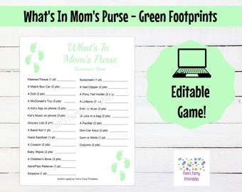 Baby Shower What's in Mom's Purse Printable, Neutral Theme, Green Footprint, Scavenger Hunt, Baby Shower Game, Couples Shower, Gender Reveal